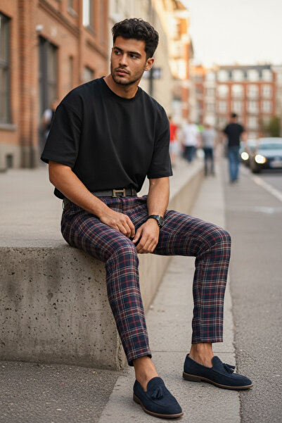 dehaine Men's casual pants, plaid, slim fit, Navy blue, B1822