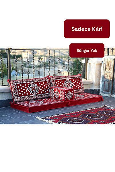 BAKIRÖZÜ HOME Şark Köşesi Takımı 4 Parça Atlantis Kırmızı Boş Kılıf ( Süngersiz)