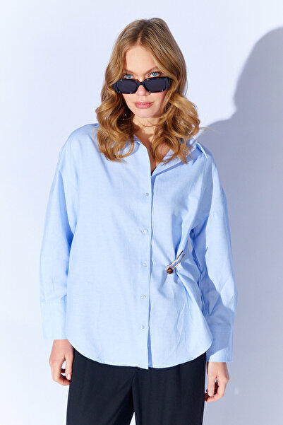 EDITION WOMAN Mavi Broş Detaylı Pamuk Karışımlı Oxford Gömlek | Ek1000167422-...