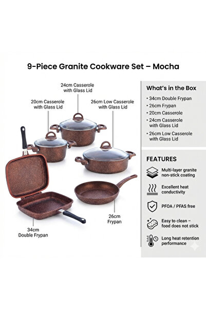 AVCI HOME MAKER طقم أواني طهي من الجرانيت مكون من 9 قطع من هوم ميكر، لون موكا