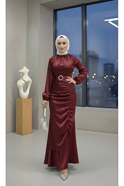 modasusev Gathered Satin Hijab Evening Dress
