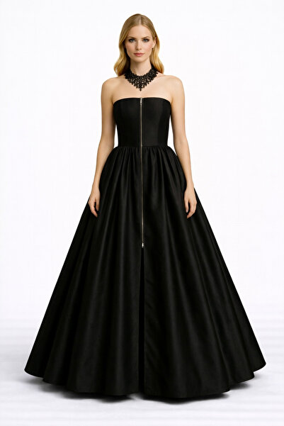 UNTIMELY Önden Separe Fermuar Detaylı Maxi Boy Siyah Tafta Straplez Elbise