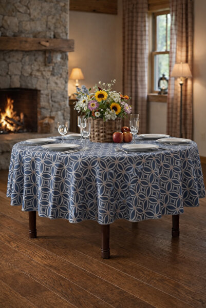 Rona Home Față de masă rotundă, albastru și alb, de calitate premium, cu mode...