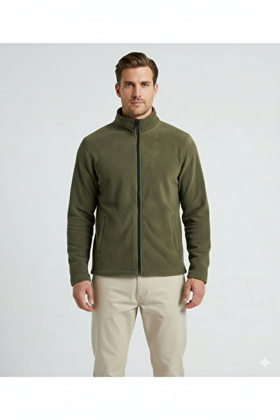 CALİA Men's Khaki Stand Collar Full Zipper Winter Fleece Sweatshirt Cardigan ...