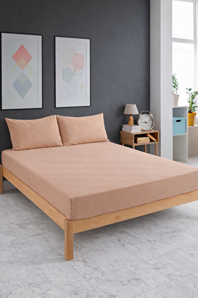 TEXTİLEGARDEN Cotton Beige Ranforce Bed Sheet Set with 30 cm Elastic Edge, Si...