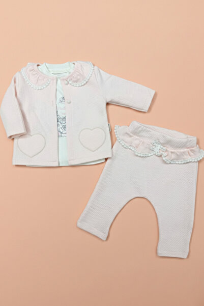 Bebezade 3 Piece Set with Heart Embroidery Detailed Cardigan