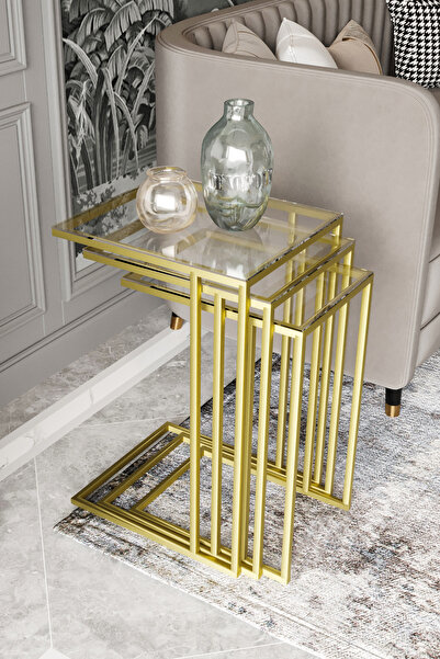 Dekoport Mira 3lü Zigon Sehpa Gold (ESKİTME) C Sehpa - Yan Sehpa Şeffaf Cam