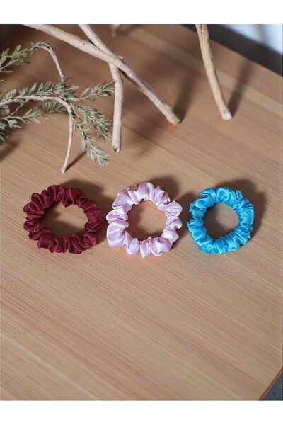 BeyzHal Kadın Saten Küçük Scrunchie 3'lü Saç Lastik Toka Seti - Mavi, Pembe, ...