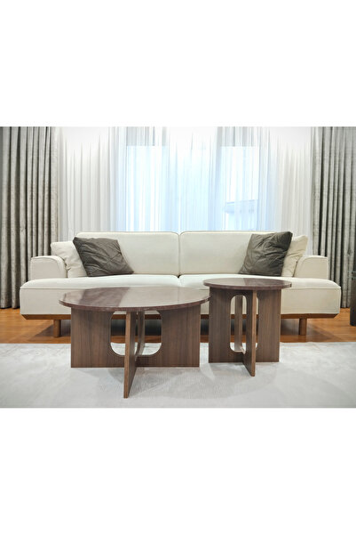Mimore Modern 2’li Oval Orta Sehpa Seti – Mermer ve Ceviz Görünümlü MDF, Mini...