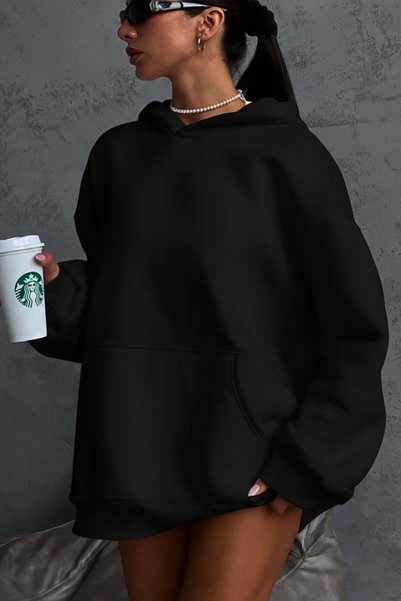 GUARAZ Unisex Oversize Soft Textured Basic Black Hooded Sweatshirt Hoodie with Fleece Inside