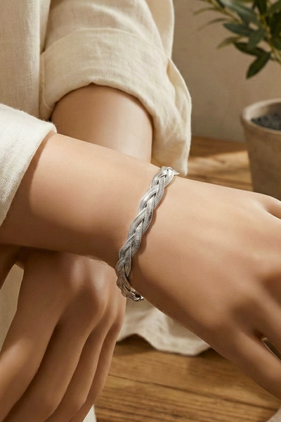 Duke Nickle Kadın Gümüş Burma Italyan Zincirli Çelik Bileklik - Burgu Desen