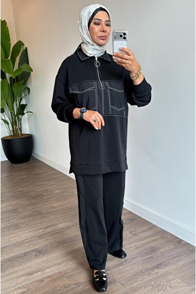Puane Detaylı Modal Pantolonlu Takım - Siyah