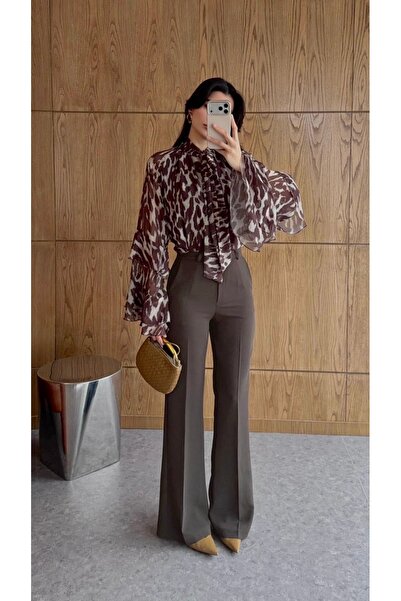 ossons Premium %100 Pamuklu Yüksek Bel İspanyol Paça Pantolon