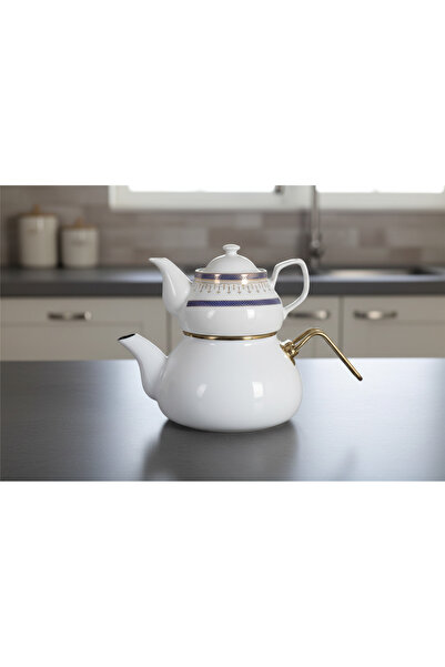 İpek Porselen Lacivert Zerafet Desenli Porselen Üst – Emaye Alt Çaydanlık Seti