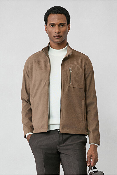 Kiğılı Standing Collar Suede Coat with Front Zipper - 8683841936220