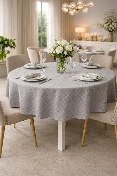 Rona Home Față de masă rotundă cu model de flori gri - țesătură de calitate r...