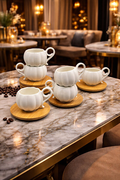 YzHome 6 Kişilik 12 Parça Bambu Tabaklı Beyaz Porselen Kahve Fincan Takımı Se...