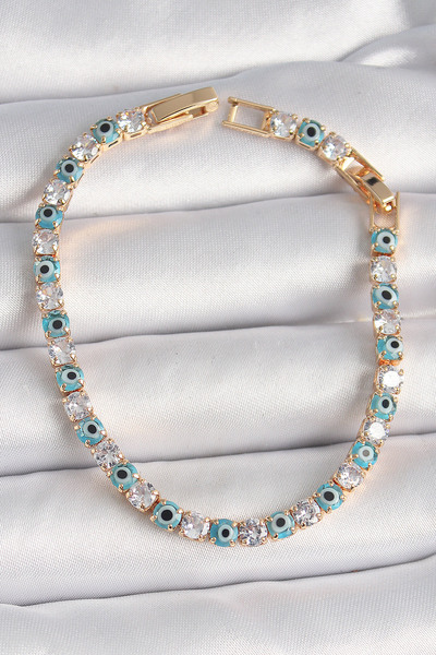 Skygo Pirinç Gold Renk Su Yolu Zirkon Taşlı Nazar Boncuklu Kadın Bileklik - T...