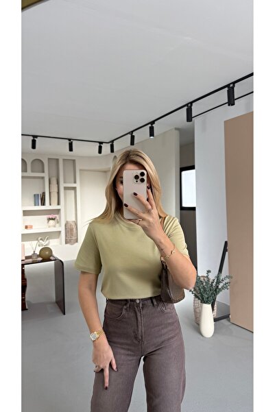 Sezgi Tekin Premium Series Crew Neck Cotton Oil Green Basic Tshirt