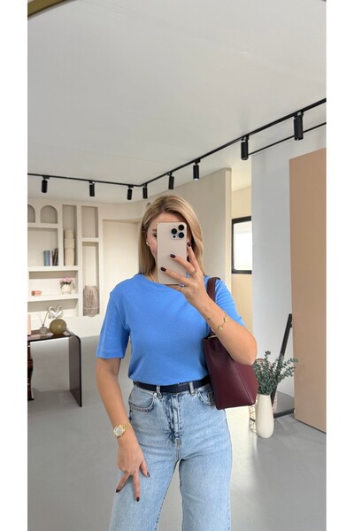 Sezgi Tekin Premium Series Crew Neck Cotton Blue Basic Tshirt