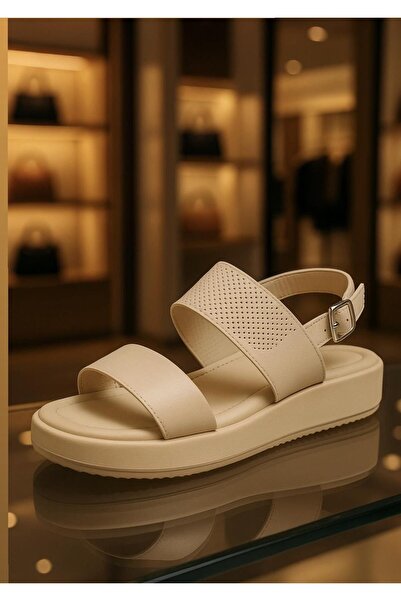 37Numara Large Size Women's Khaki Leather Sandals 41-42-43-44-45-Beige Leather