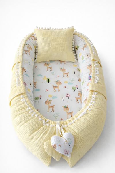 Jaju Baby Babynest Sarı Waffle Pike Kumaş Ceylan Tasarım Ponponlu Lüx Jaju-ba...