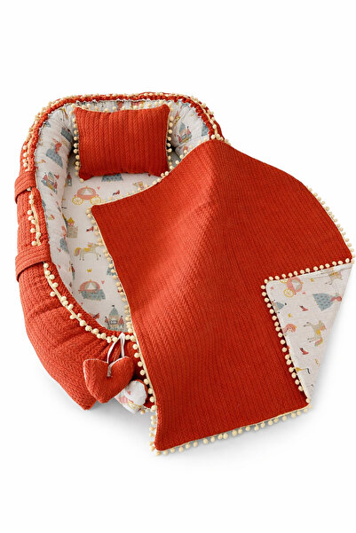 Jaju Baby Babynest Kiremit Örgü - Prenses Kumaş Ponponlu 3'lü Jaju Babynest B...