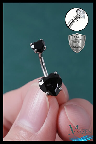MAZEN Siyah Kalp Zirkon Taşlı Göbek Piercing | 316L Çelik | Gri Bar | Kararma...