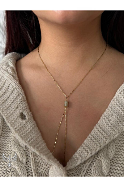 ANKA JEWELLRY SİLİNDİR MODEL ZİRKON TAŞLI Y GOLD KOLYE