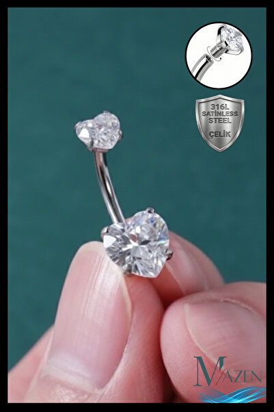 MAZEN Cerahhi Çelik Göbek Piercing Kalpli Zirkon Taş Gümüş