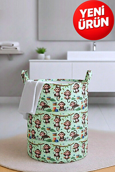 Paris Home Maymun Baskılı Katlanır Kirli Çamaşır ve Çocuk Oyuncak Sepeti – Ço...
