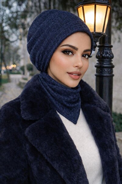 Aişe tesettür Lacivert Triko Tesettür Bere ve Etol Takım