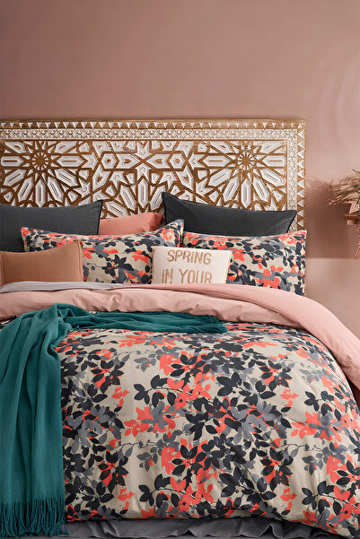 İQON طقم غطاء لحاف مطاطي مزدوج لفصل الخريف بلون السلمون