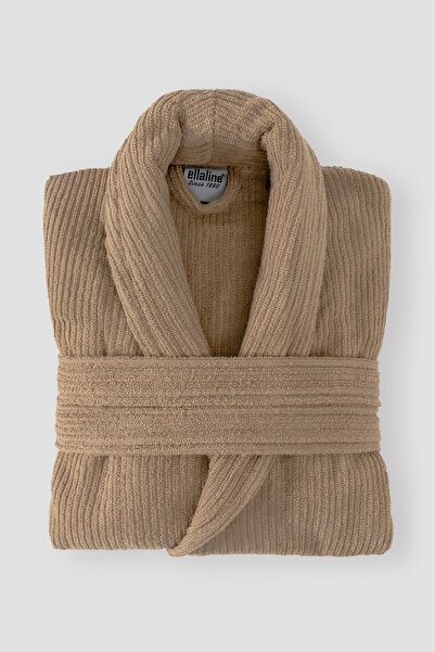 Ellaline Halat de baie cu dungi bej 100% bumbac certificat, guler șal, halat ...