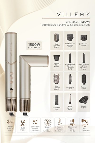 VILLEMY 12-in-1 Multi-Head Hair Dryer and Styling Set – 1500W Bldc Motor -Vme...