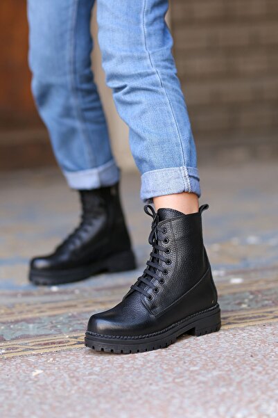 EREN SHOES BAG KİA Siyah Gerçek Deri Bağcık Detaylı Fermuarlı Bot
