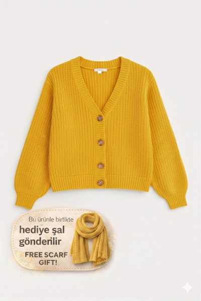 YUGA KNİTTİNG KADIN BASIC SELANİK ÖRGÜ DÜĞME DETAYLI HIRKA