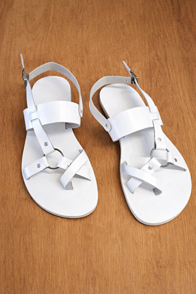 Bostini Genuine Leather Leather Flip Flops White Color Men's Bodrum Sandals