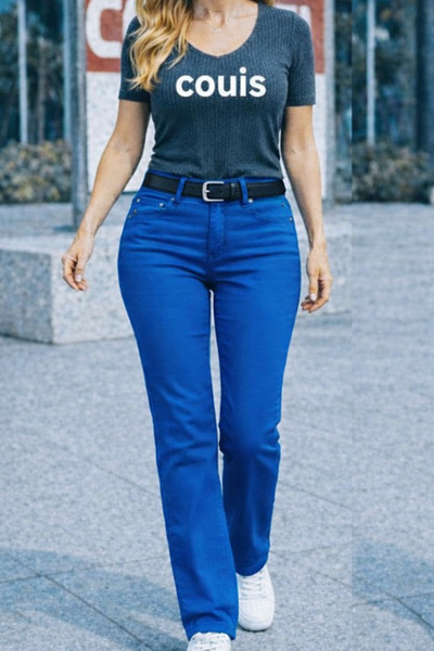 couis High Waist Elastic Waist Cobalt Blue Pipe-Leg Stretch Fabric