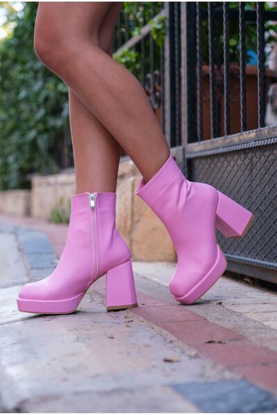 Ayakkabı Ateşi Pembe Cilt Tasarım Topuklu Kadın Ayakkabı Layana