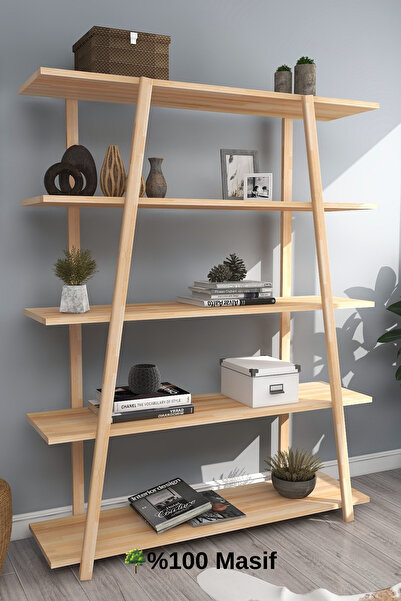 WOODFACE Masif Ahşap Ayaklı Kitaplık 145x115 Doğal Ahşap 5 Raflı Özel Tasarım...