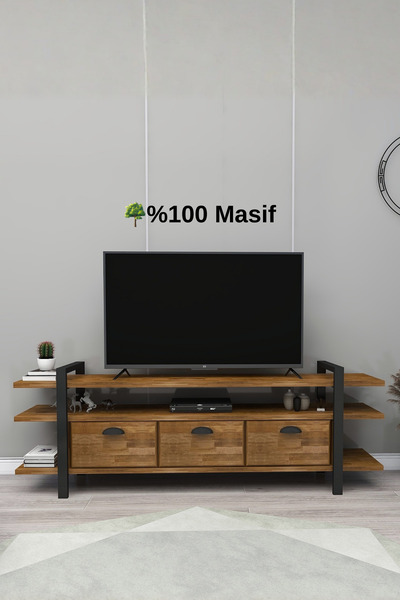 WOODFACE Masif Ahşap Ceviz Doğal Ahşap Televizyon Sehpası Ve Ünitesi 148x30 M...