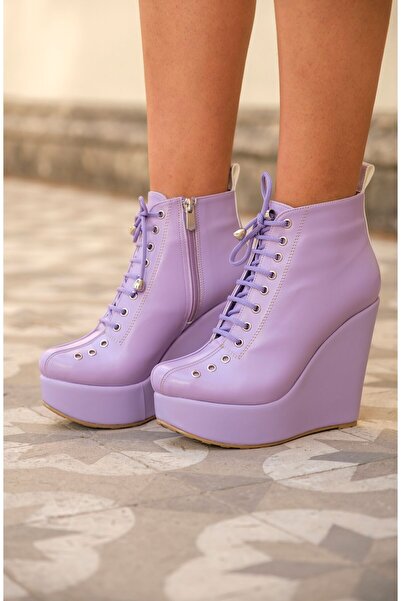 Ayakkabı Ateşi Lad Lila Cilt Bağcıklı Dolgu Topuklu Bot