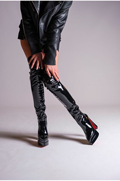 Ayakkabı Ateşi Cizme de damă din piele neagră cu toc înalt - Design cu platfo...