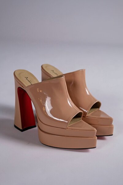 Ayakkabı Ateşi Nude Patent Leather Double Platform Design Open Toe Women's Sl...