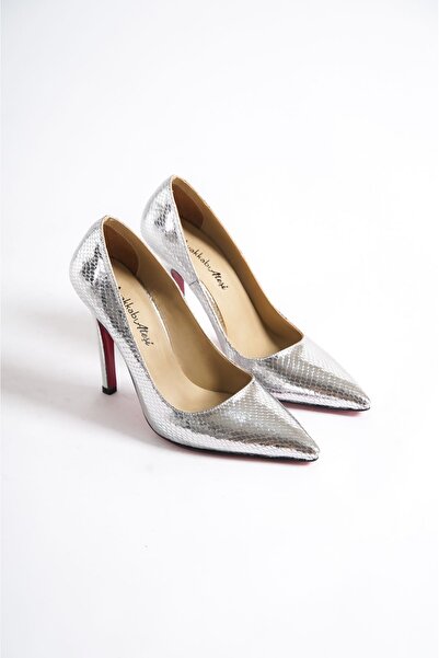 Ayakkabı Ateşi Găleată Argintie Șerpuită Femei Pantofi cu Toc Stiletto Yoshi