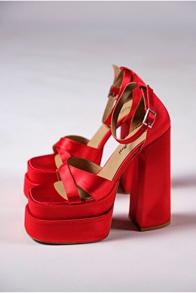Ayakkabı Ateşi Pantofi de dama cu design cu platforma dubla din satin rosu de...