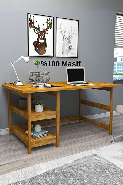 WOODFACE Masif Ahşap Çalışma Masası 116x55doğal Ahşap 2 Bölüm Özel Tasarım Uy...