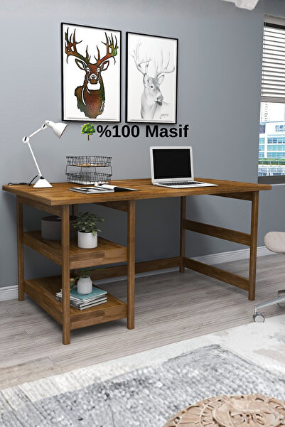 WOODFACE Masif Ahşap Çalışma Masası 116x55 Doğal Ahşap 2 Bölüm Özel Tasarım U...