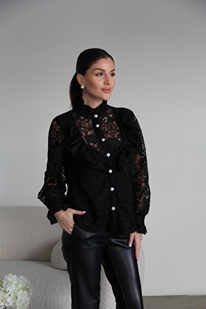 Julidress Cămașă din dantelă neagră cu guler înalt, cu broderie de perle vint...